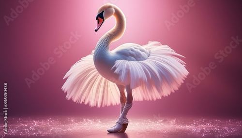 A graceful swan wearing a pink tutu and ballet slippers, standing en pointe. 