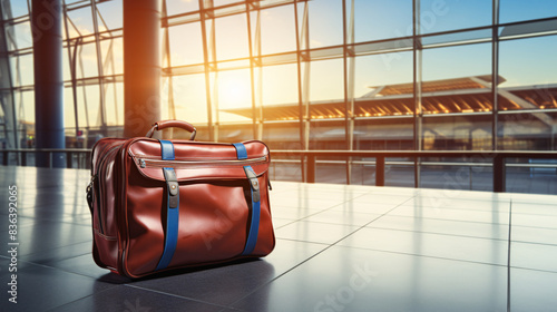 Bright empty airport photo. Travel background image with bags