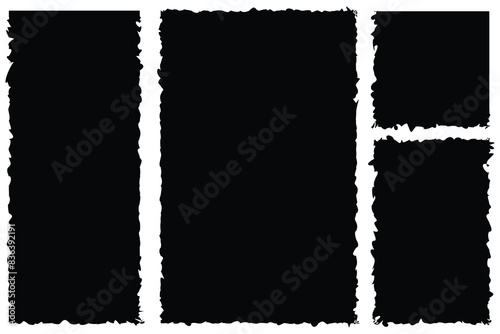 Set of torn paper pieces. Black grunge jagged rectangle frames. Vector torn paper sheet for sticker, collage, banner. Ripped shapes silhouettes isolated on white background. Eps10.