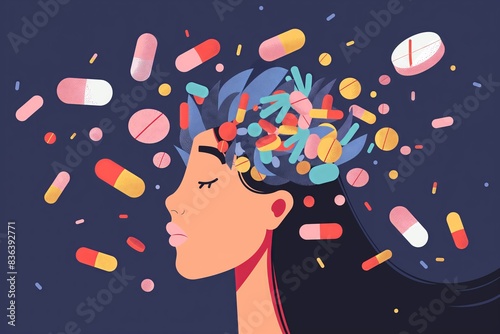 Depression illustration with pills, antidepressant and health life concept