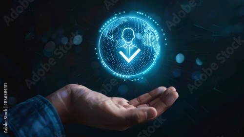 Concept of knowing your customer (KYC). Businessman holds identity verification symbol for increased financial security and access to personal financial data. Biometric security system.