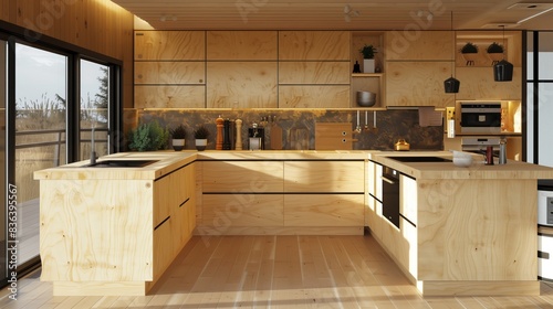 An ultra-modern kitchen with plywood cabinets and countertops blends functionality and aesthetic appeal.
