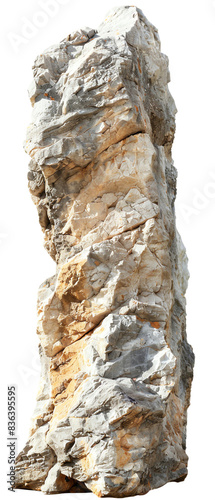 Vertical stone rock formation isolated on white background. Tall natural structure, rugged texture, geological feature, outdoor scenery.