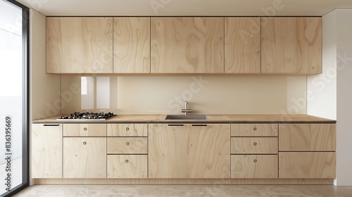 A modern kitchen with sleek plywood cabinets and countertops blends style and practical efficiency.