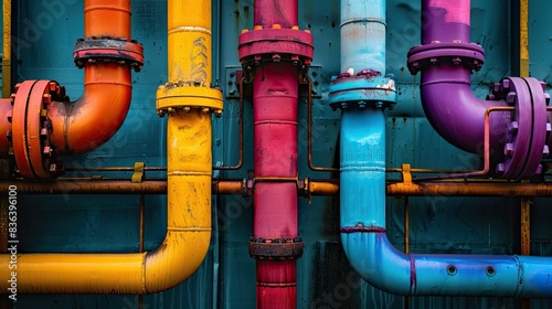 Colorful but old gas pipes with rust. Symmetrical industrial shot