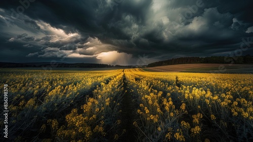 Ripening Seed Pods of Winter Rapeseed in a Field under Dark Clouds