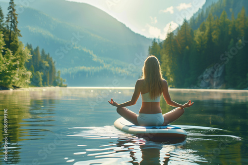 AI-generated illustration of a woman meditating a ing on paddle board in peaceful lake setting