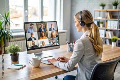 Female employee participating in a video conference with coworkers from behind, showcasing remote work convenience and flexibility, remote work, video conference, teamwork, technology