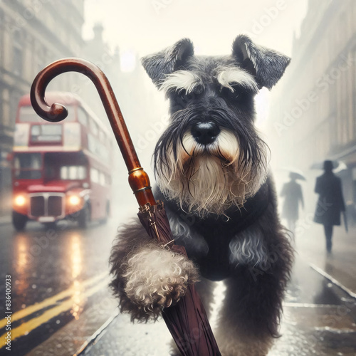 Elegant Schnauzer noble dog walking and holding a classic umbrella, gentry of victorian era theme style