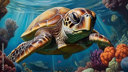 A detailed oil painting of a majestic sea turtle swimming through a coral reef, with a handheld game console tucked under its arm in a surreal style