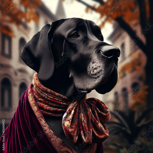 Great Dane with velvet ascot, elegant classic vintage dog gentleman