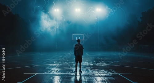 Silhouette Of Basketball Player Standing Under Rain At Night