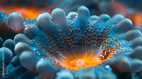 A close-up of a nature coral reef anemone with clownfish nestled inside