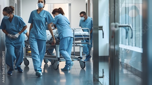 Medical team in blue scrubs rushing a patient on a gurney through a hospital corridor, emphasizing urgency and teamwork.