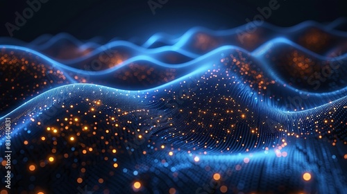 A modern abstract futuristic digital landscape with particles, stars, and geometric digital connections. An abstract blue grid with an artificial intelligence.