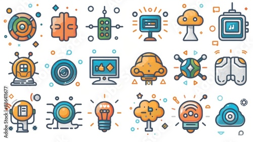 Modern illustration of Artificial Intelligence web icons. Innovative technology, robots, bots, brains, and collection icons.