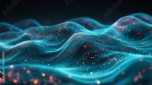 The abstract light lines in blue green colors are wavy and flowing dynamically on a black background for the idea of AI, communication, 5G, science, music or any digital technology.