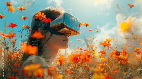 VR headset user wearing surreal world, colorful flower fields. Artificial Intelligence.