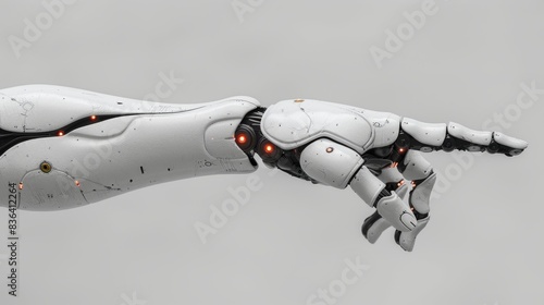 An isolated 3D rendering of a white cyborg robotic hand pointing its finger to the sky.
