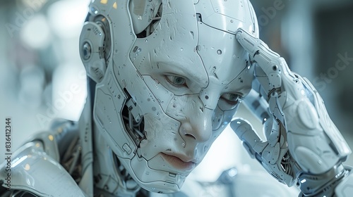 The body of a white male cyborg is portrayed in 3D as he is thinking and touching his head