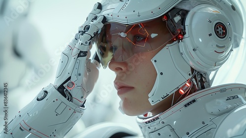 3D rendering of a white male cyborg thinking and touching his head