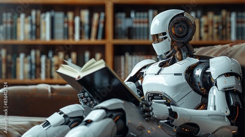 Objects of artificial intelligence are sitting on a pile of books and reading books