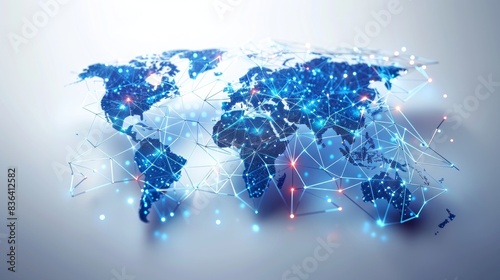 The graphic modern depicts the network as polygonal connect lines and dots. The global system is represented as a technology server.