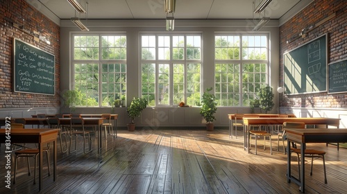 An animated collage of a classroom interior with a desk and a chair for teaching and learning