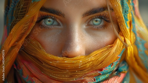 An AI-generated portrait of an arab woman in a colourful veil