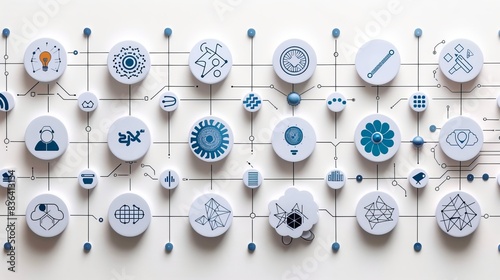 Illustration of machine learning and data analysis thin line icons. Outline of algorithms and automatic smart processes, circuit in a digital robot brain, future technology.