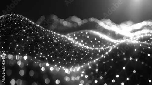 The abstract digital background of points and lines is surrounded by a glowing black plexus. Big data. Network. Abstract technology science background. 3D modern illustration.