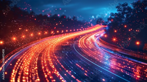 The digital data flow along a road is pictured with the concept of cyber global communication and coding, paired with a graphic that shows the fast speed transfer of data to demonstrate agile digital