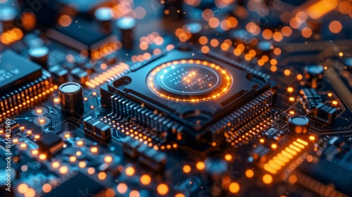 Digital technology on a blue background. Artificial intelligence computer in an abstract futuristic style. Wallpaper for computing processor board chips.
