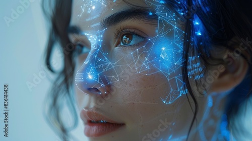 A cybernetic image of a female anthropomorphic figure working on matrix data on a virtual interface. The head or face is that of an artificial intelligence with a brain looking at information and