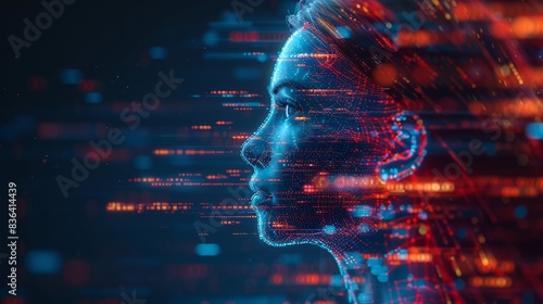 In this image, a cybernetic anthropomorphic woman approaches matrix data on a virtual interface. It shows the head or face of artificial intelligence, looking at information and instructing neural