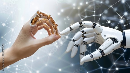 Invention of artificial intelligence. Robot hand touching human. A connection for the transition between analog and digital. Exchange of data and network, and deep learning through machines.