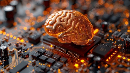 An artificial intelligence, machine learning, deep learning blockchain neural network concept. The brain is made with multiple blockchain processors on a circuit board, 3D rendered with a shining