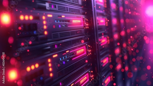 This is an isometric modern illustration of a hosting server. The background of an abstract 3d datacenter or data center room. The layout of the header of a website in the form of a mainframe