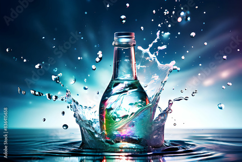 Conceito de garrafa de vidro transparente bebida propaganda em água com respingos