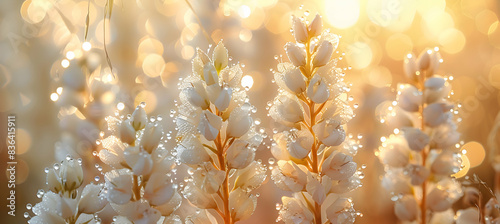 A close-up of nature grassland flowers with dew drops glistening in the morning light