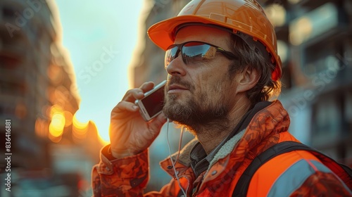 Standing on his hardhat, a construction worker talks on his mobile phone. The handsome construction worker is on the phone. Men engineering standing at the telephone.