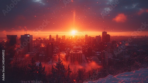 Mount Royal (Quebec, Canada) at sunrise on a cold winter day with the Montreal skyline in the background