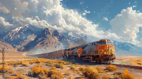 As a cargo train crosses a barren, sun-scorched desert landscape, the shadows cast by its long chain of containers extend far into the distance.