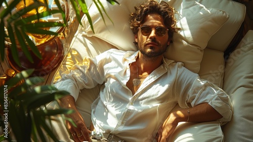 View of a tired mover relaxing on a white sofa next to a glass table from a high angle