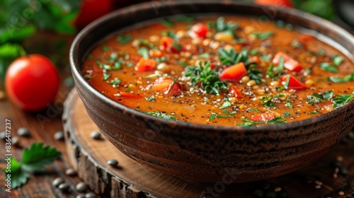 Lentil cream soup on wooden background with herbs