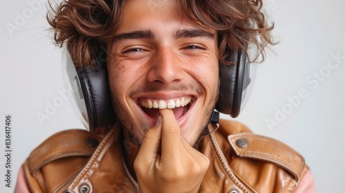 An isolated young man with a motorcycle helmet is happy and smiling, covering his mouth with a hand while wearing it