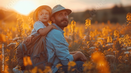 This is a picture of a father and his son playing and hugging outside. It is a Father's Day portrait.