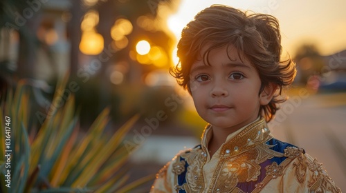A young child wearing formal wear for his sister's quinceanera