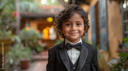 A child walks around in formal wear for his sister's quinceanera