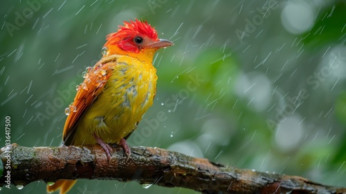 In the Amazon, Brazil, a wonderful red and orange bird sits on a tree and washes his body.